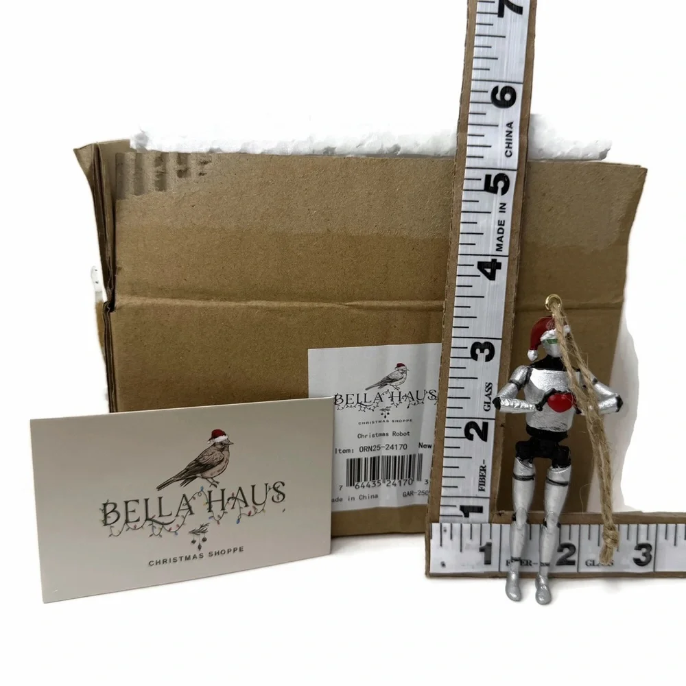 Bella Haus Silver Robot Red Heart Santa Hat Ornament